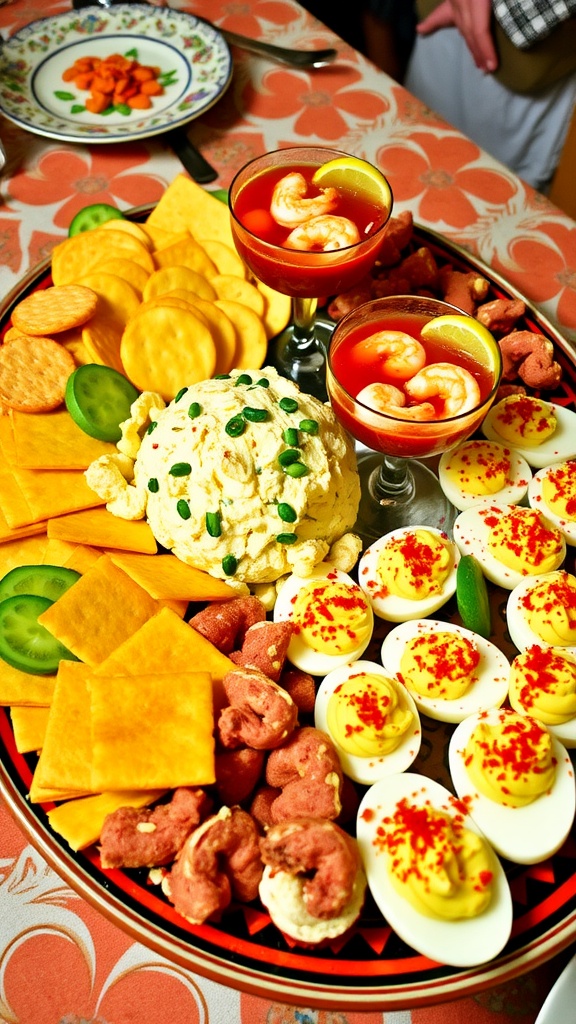An assortment of 70s appetizers including cheese ball, shrimp cocktail, deviled eggs, and stuffed celery on a colorful table.